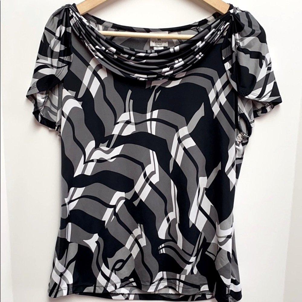Abstract Military Shoulder Cowl Neck Blouse